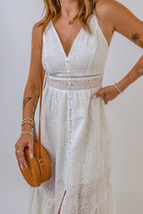 White Embroidered Spaghetti Straps Maxi Dress With Pearls