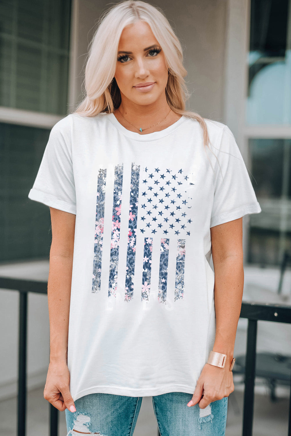 White Floral American Flag Pint Short Sleeve Graphic Tee