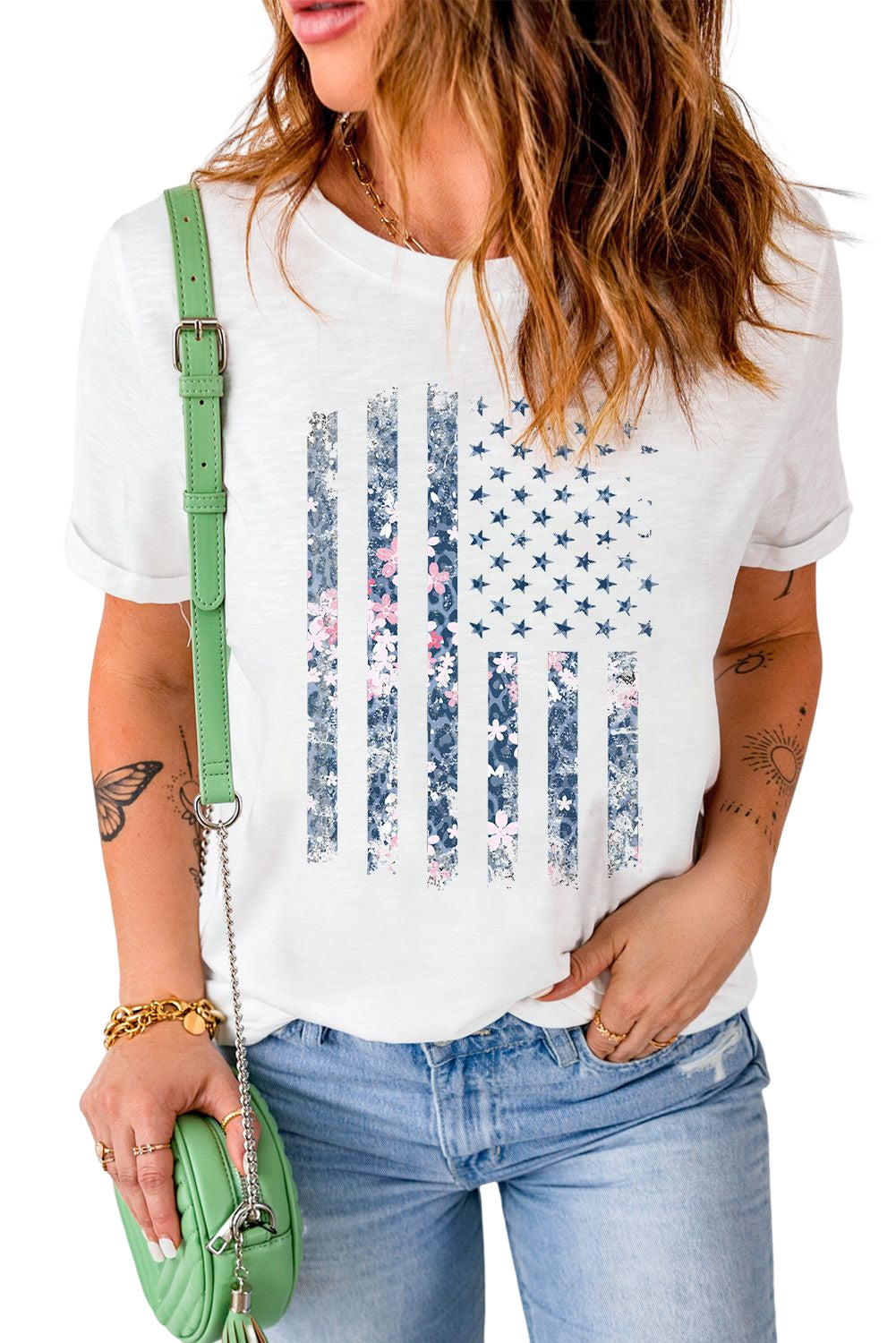 White Floral American Flag Pint Short Sleeve Graphic Tee