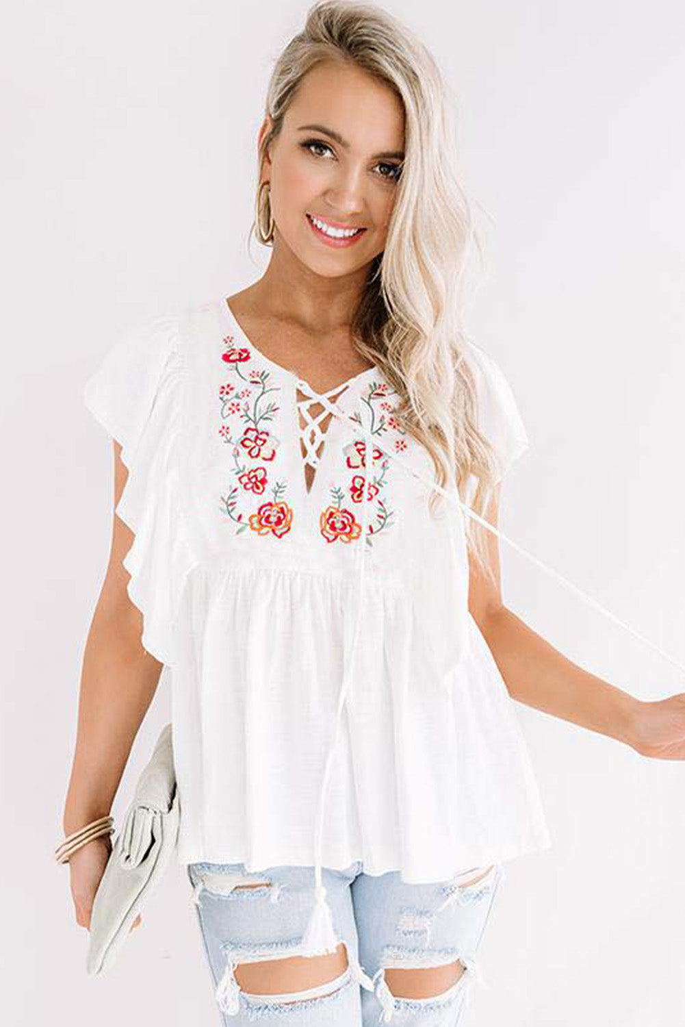 White Floral Embroidered Ruffled Lace-Up V Neck Top