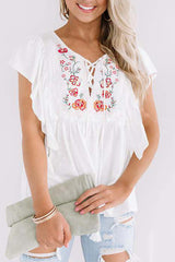 White Floral Embroidered Ruffled Lace-Up V Neck Top