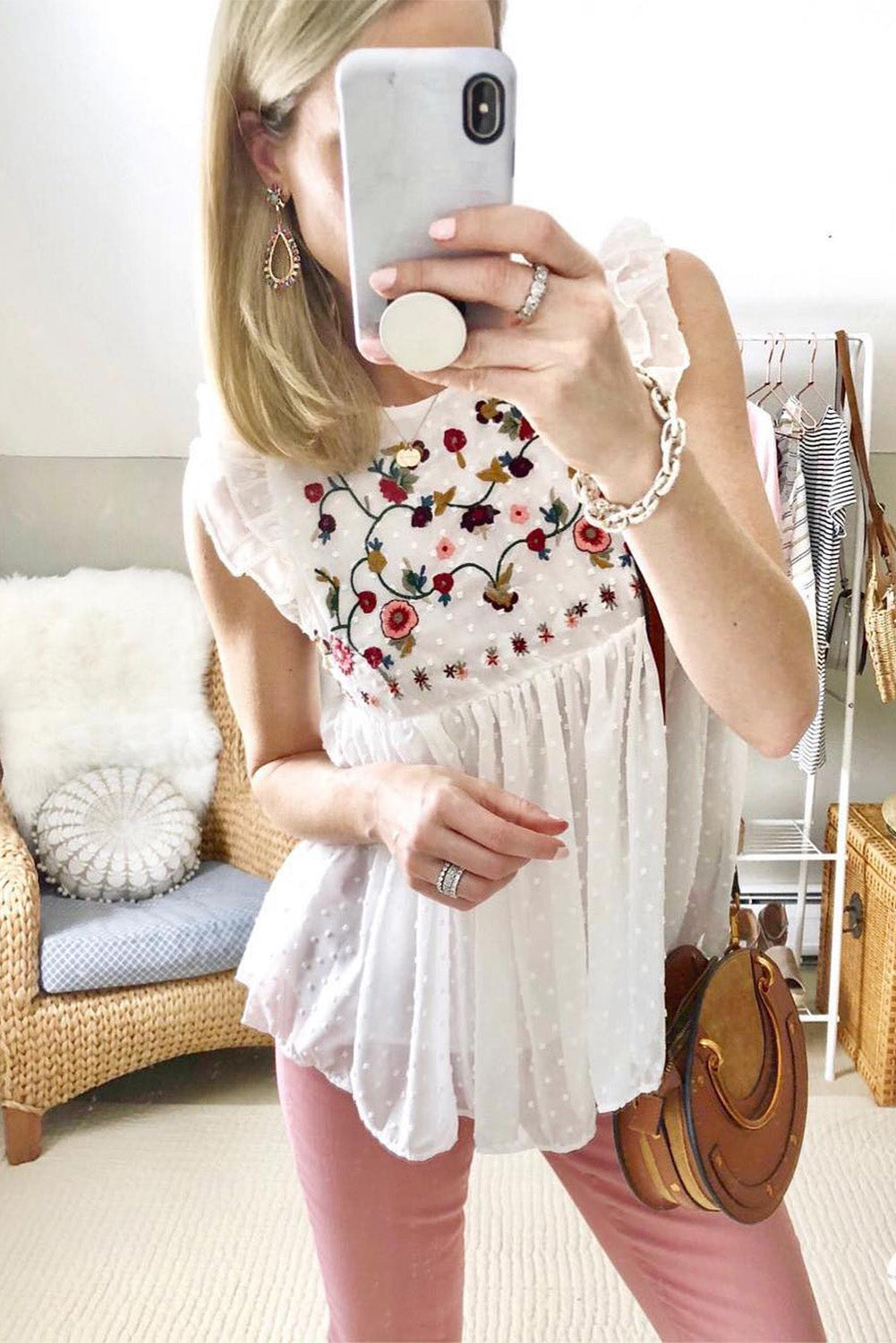 White Floral Embroidered Swiss Dot Ruffled Tank Top