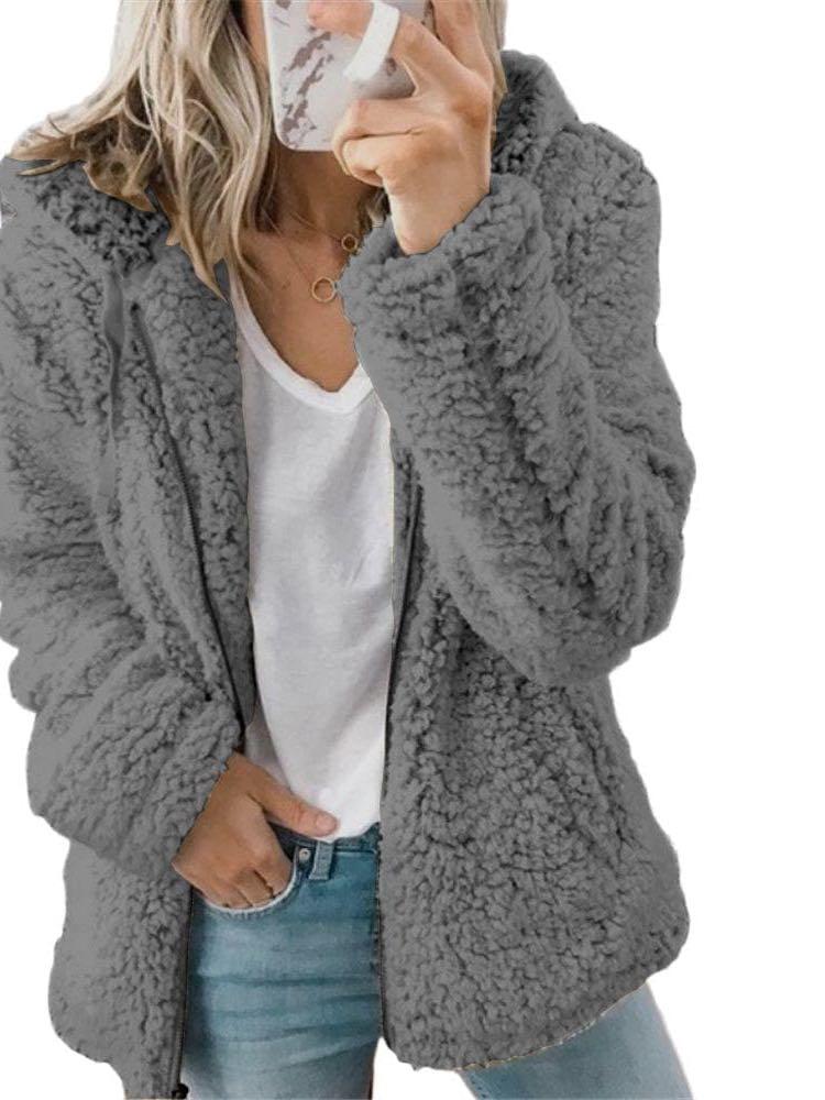 Women Solid Fleece Hooded Jacket