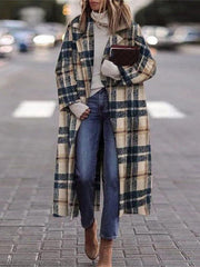 Women's Coats Check Print Lapel Long Woolen Coat