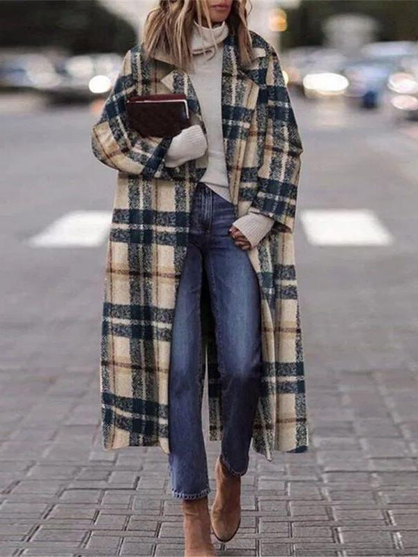 Women's Coats Check Print Lapel Long Woolen Coat
