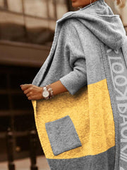 Women's Coats Colorblock Pocket Hooded Long Cardigan Coat