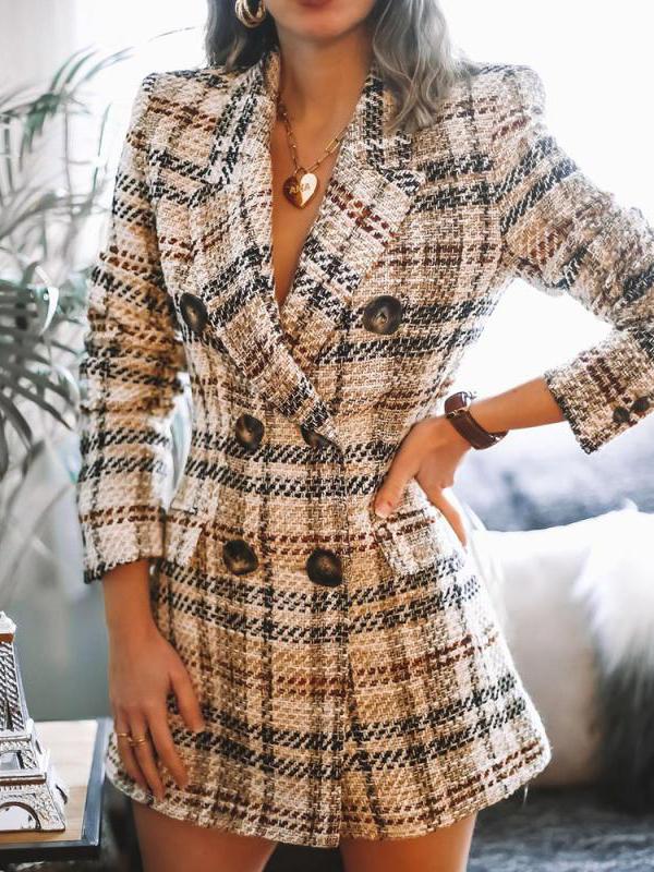 Women's Coats Double-Breasted Plaid Print Lapel Woolen Coat