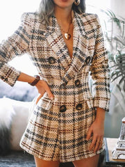Women's Coats Double-Breasted Plaid Print Lapel Woolen Coat