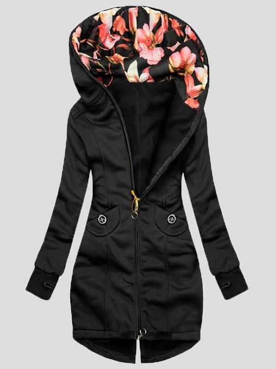 Women's Coats Fashion Pocket Zipper Print Hooded Coat