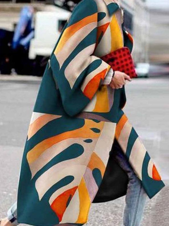 Women's Coats Flared Sleeve Multicolor Printing Loose Long Coat
