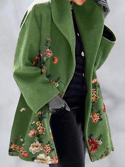 Women's Coats Floral Print Lapel Woolen Coat