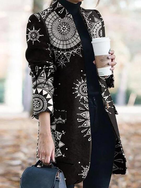 Women's Coats Graphic Print Stand Collar Long Sleeve Woolen Coat