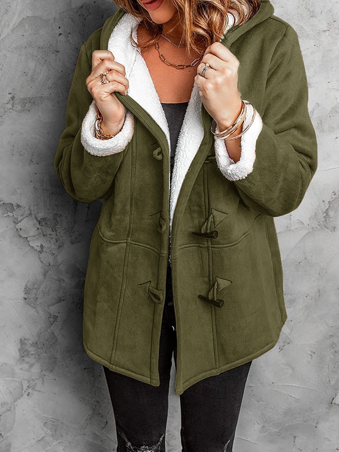 Women's Coats Horn Button Hooded Mid-Length Coat