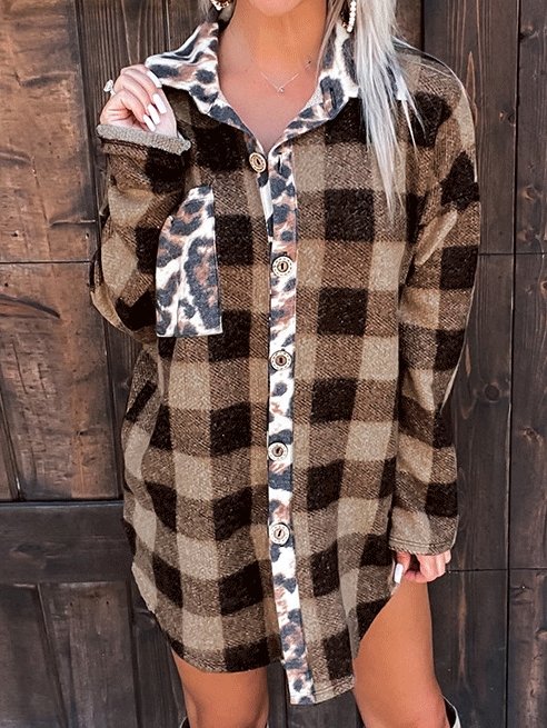 Women's Coats Houndstooth Leopard Print Contrast Plaid Long Sleeve Blouses