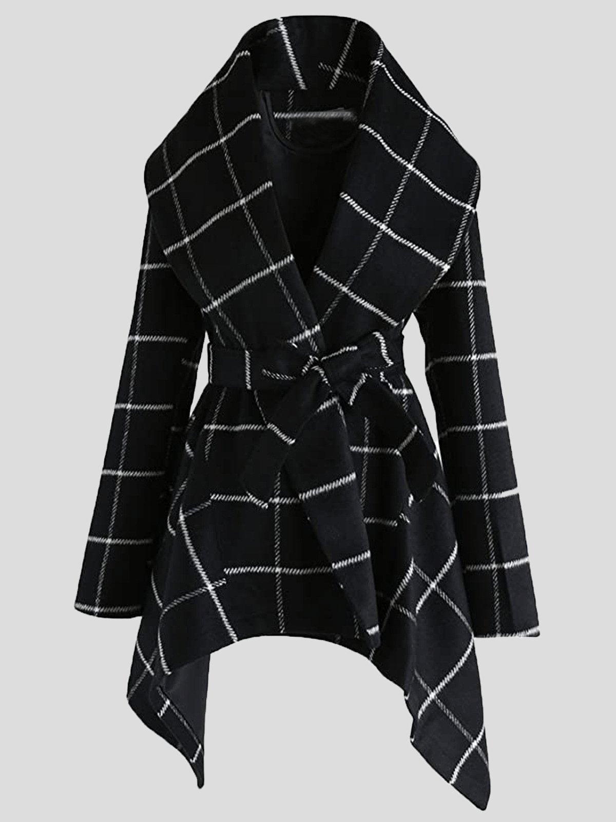 Women's Coats Lace-Up Check Color-Block Woolen Coat