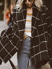 Women's Coats Lace-Up Check Color-Block Woolen Coat