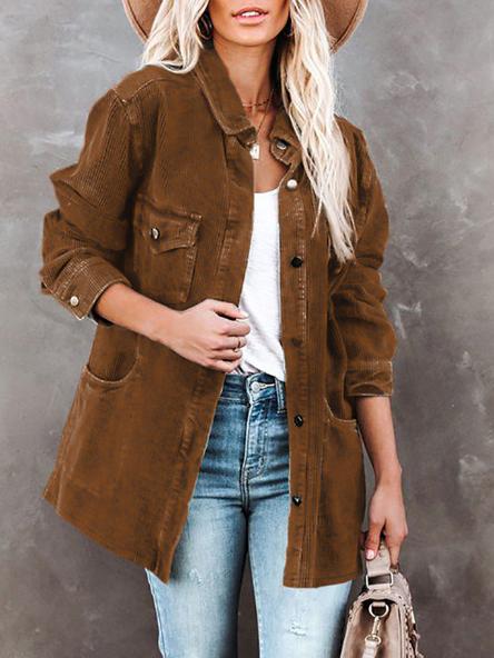 Women's Coats Lapel Corduroy Pocket Long Sleeve Coat