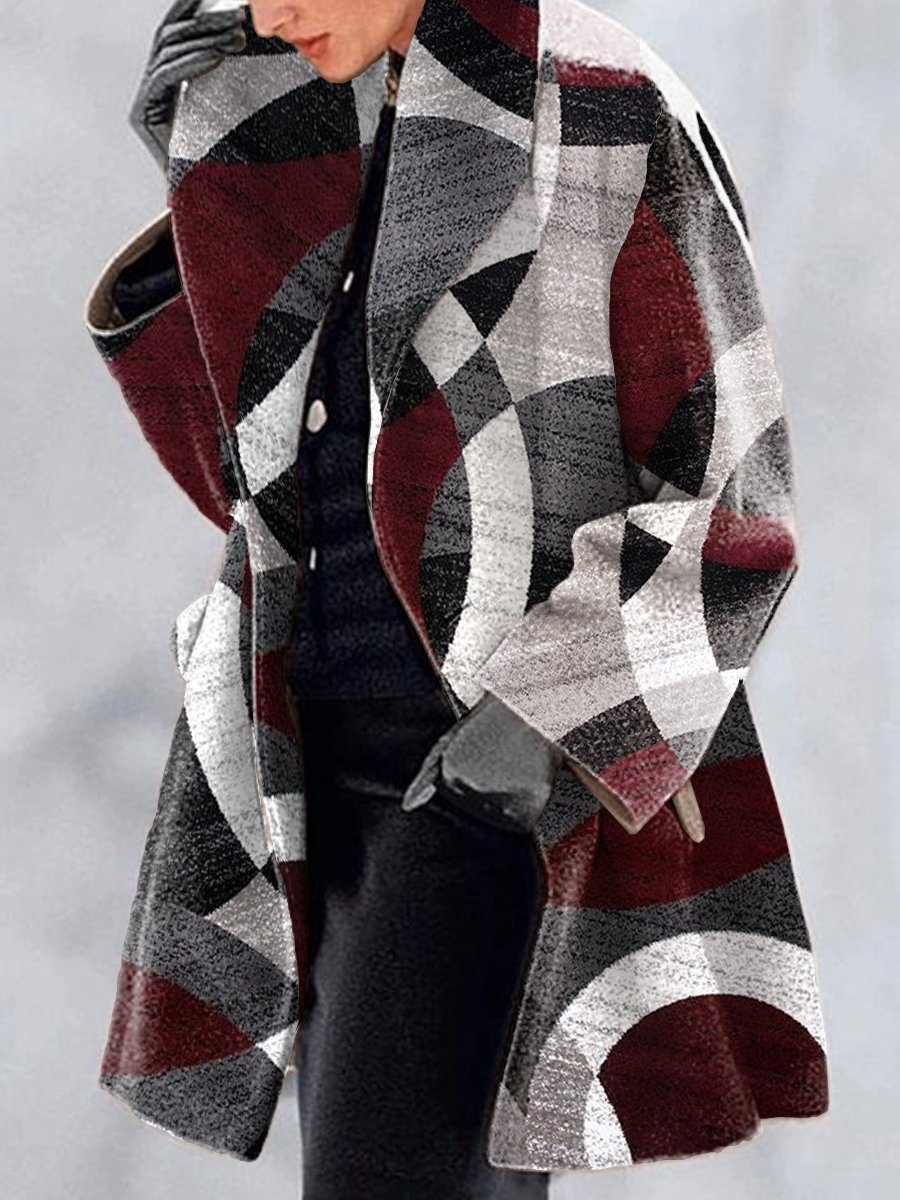 Women's Coats Lapel Multicolor Print Woolen Coat