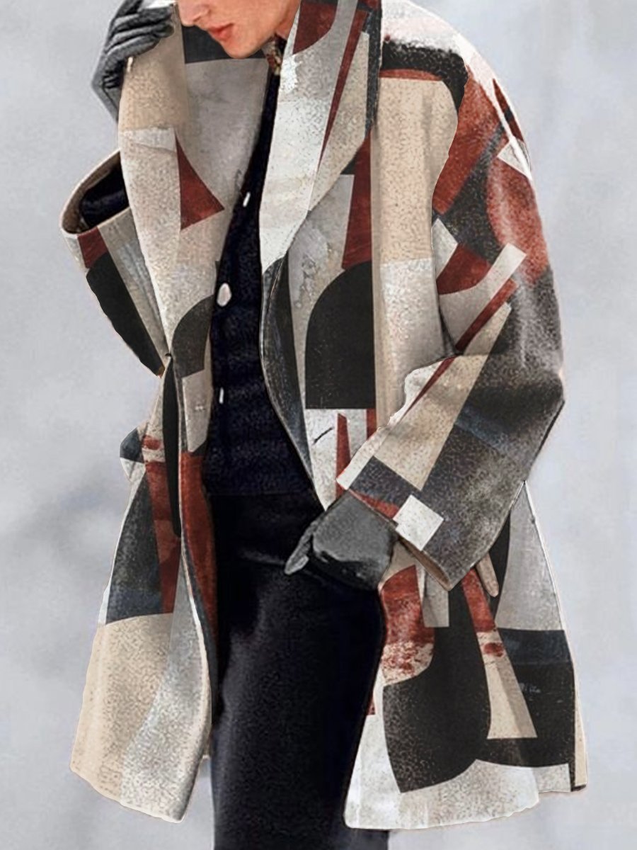 Women's Coats Lapel Multicolor Print Woolen Coat