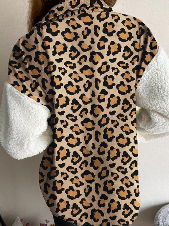 Women's Coats Leopard Print Plush Stitching Long Sleeve Coat