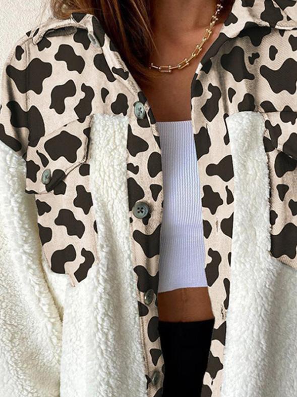 Women's Coats Leopard Print Plush Stitching Long Sleeve Coat