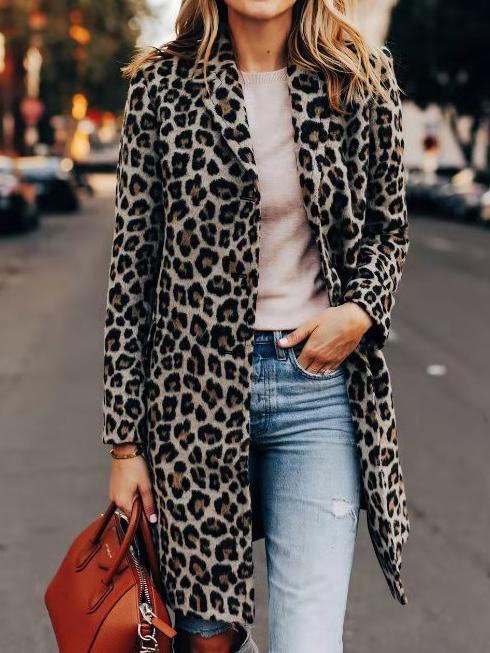Women's Coats Leopard Print Temperament Slim Long Woolen Coat