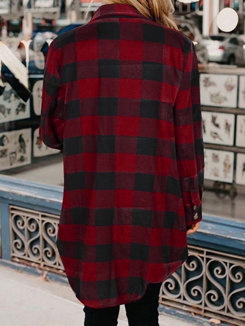 Women's Coats Plaid Button Mid-Length Long Sleeve Coat