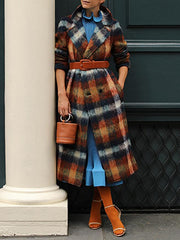 Women's Coats Plaid Lapel Double-Breasted Woolen Long Coat