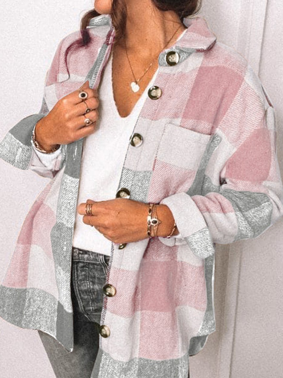 Women's Coats Plaid Pocket Button Long Sleeve Shirt Coat