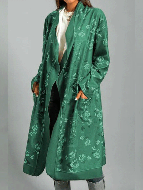 Women's Coats Printed Long Sleeve Pocket Cardigan Long Coat