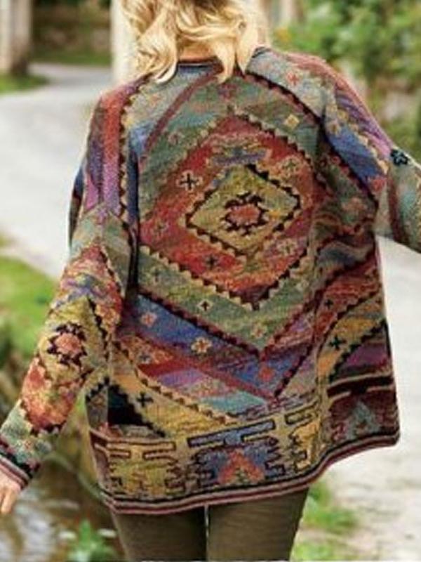 Women's Coats Vintage Print Long Sleeve Woolen Coat