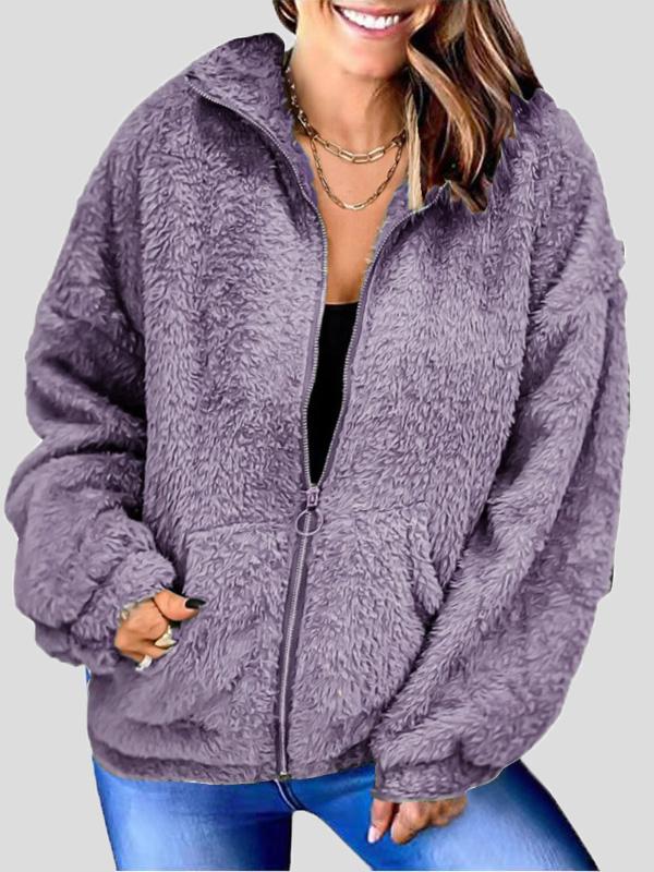 Women's Coats Woolen Fleece Loose Zipper Cardigan Pocket Coat