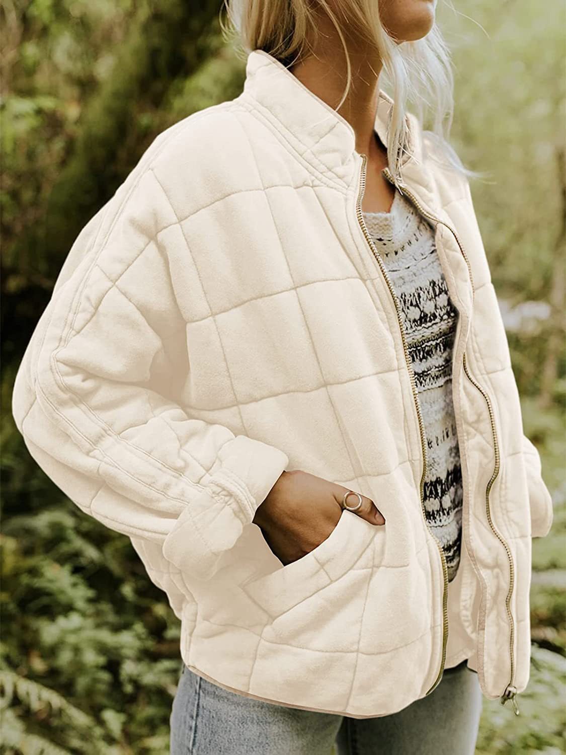 Women's Coats Zipper Pocket Long Sleeve Stand Collar Cotton Coat