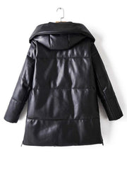 Zip Up Hooded PU Leather Padded Coat