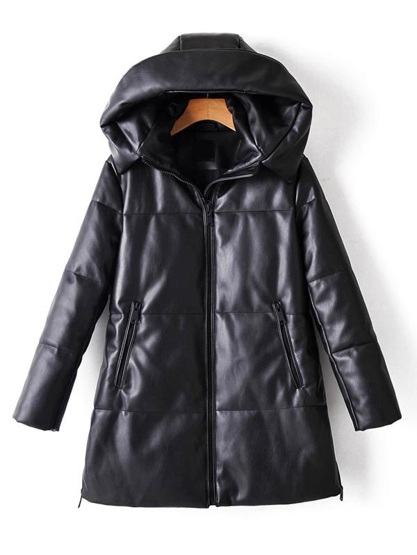 Zip Up Hooded PU Leather Padded Coat